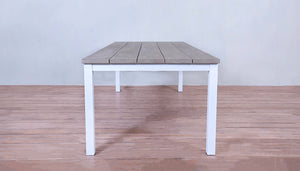 Avalon Dining Table Horizontal Slats Frontier Grey Top White Sand Legs